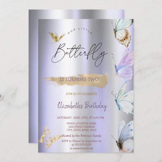Invitation Papillons colorés Violet Metallday (Devant / Derrière)