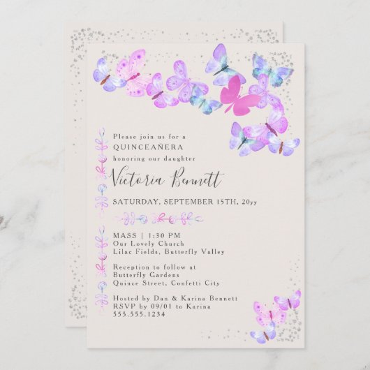 Invitation Papillons Confettis Argent Quinceanera et Messe (Devant / Derrière)