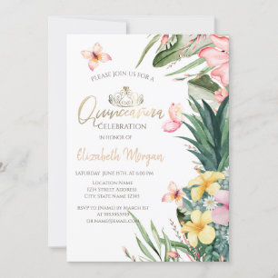 Invitation Papillons d'ananas à fleurs tropicales Quinceañera