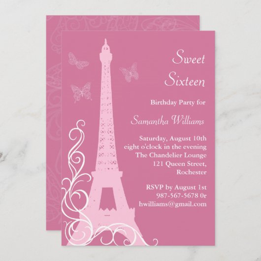 Invitation Papillons dans le rose d'invitation d'anniversaire (Devant / Derrière)