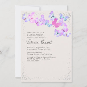 Invitation Papillons d'aquarelle Argent Confetti Quinceanera