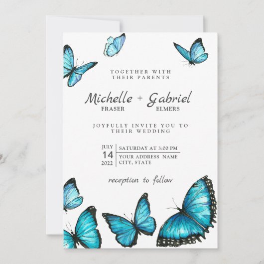 Invitation Papillons d'aquarelle bleu élégant Mariage moderne (Devant)