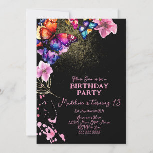 Invitation Papillons d'aquarelle en fleurs Anniversaire noir