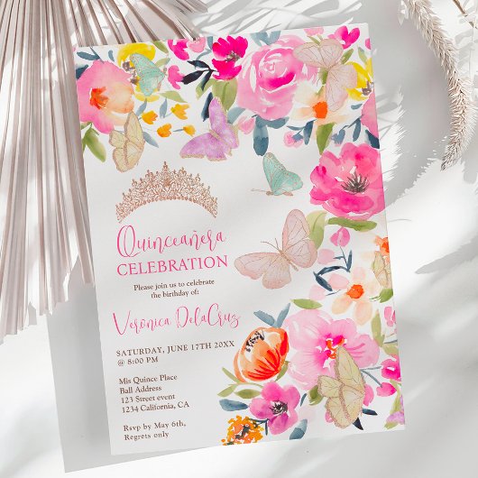 Invitation Papillons d'aquarelle fleurie de Boho quinceanera