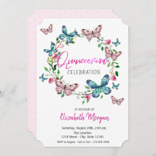 Invitation Papillons d'aquarelle Points roses Quinceanera