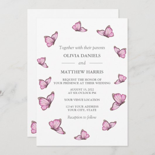 Invitation Papillons d'aquarelle rose. Mariage élégant Invit (Devant / Derrière)