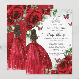 Invitation Papillons d'argent Floral Rouge Quinceañera Sweet 