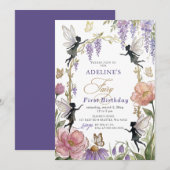 Invitation Papillons de couleur or violet Fée Premier Anniver (Devant / Derrière)