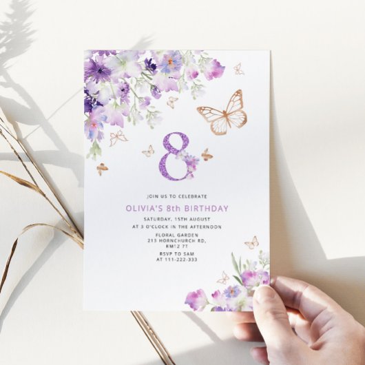 Invitation Papillons de lilas violet 8ème anniversaire