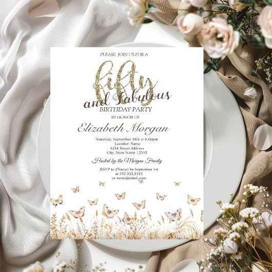 Invitation Papillons de prairie aquarelle 50e anniversaire