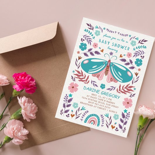 Invitation Papillons de printemps & Fleurs Baby shower de jar