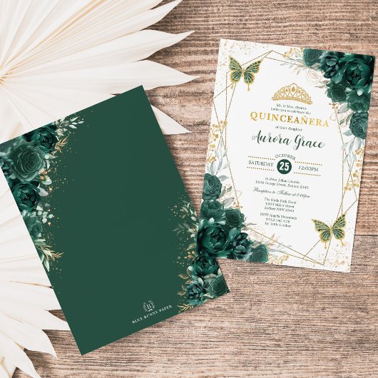 Invitation Papillons de Quinceañera Vert Émeraude Géométrique