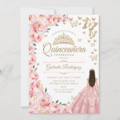 Invitation Papillons de rose or Quinceanera (Devant)