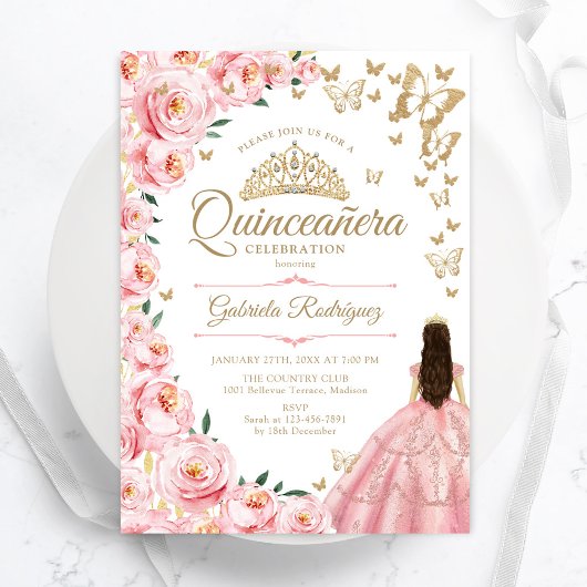 Invitation Papillons de rose or Quinceanera