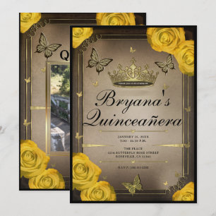 Invitation Papillons de Tiara d'Or Roses Jaunes Quinceañera 