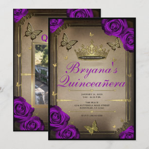Invitation Papillons de Tiara Roses Violettes Brillantes Quin