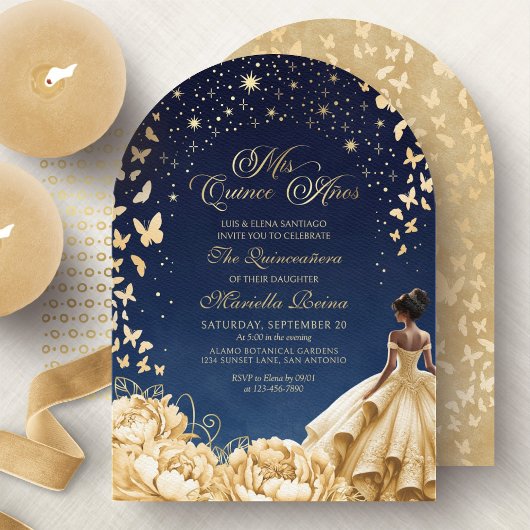 Invitation Papillons d'étoiles d'or jaune Quinceanera Floral