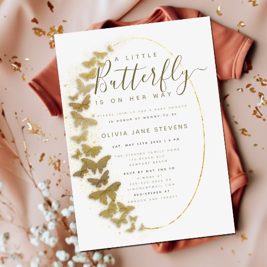 Invitation Papillons d'or Baby shower simple Boho Frame