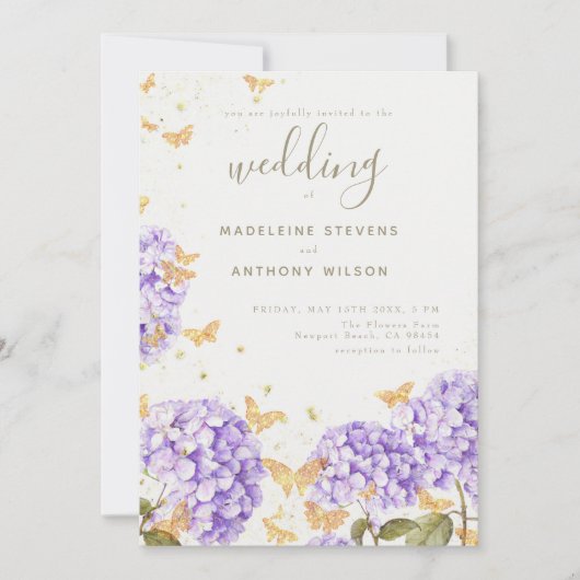 Invitation Papillons d'or Hydrangea Mariage rustique violet (Devant)