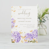 Invitation Papillons d'or Hydrangea Mariage rustique violet (Debout devant)