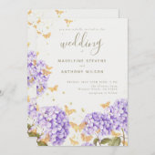 Invitation Papillons d'or Hydrangea Mariage rustique violet (Devant / Derrière)