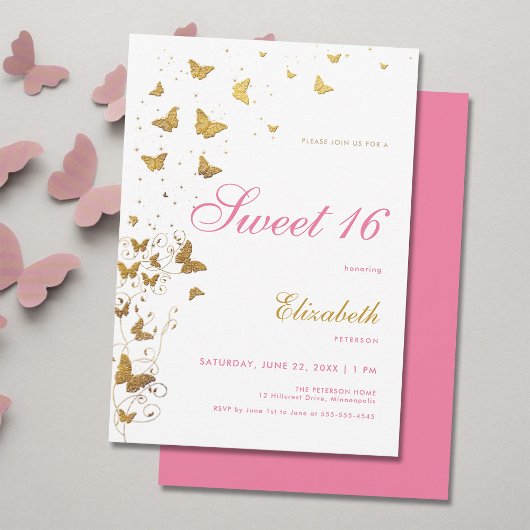Invitation Papillons d'or Jardin Élégant rose fille douce 16