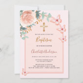 Invitation papillons d'or rose arche fleurie baptême (Devant)