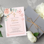 Invitation papillons d'or rose arche fleurie baptême