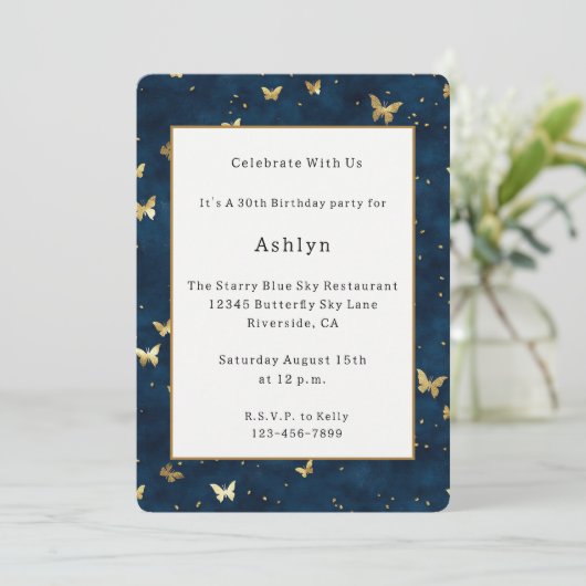 Invitation Papillons dorés bleus célestes Anniversaire (Debout devant)