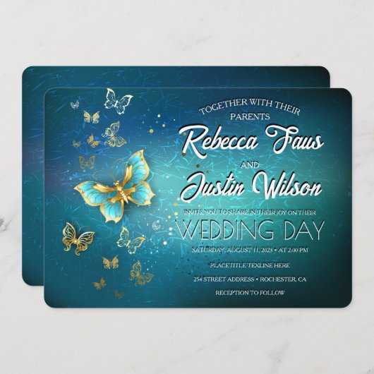 Invitation Papillons dorés Moderne Boho (Devant / Derrière)