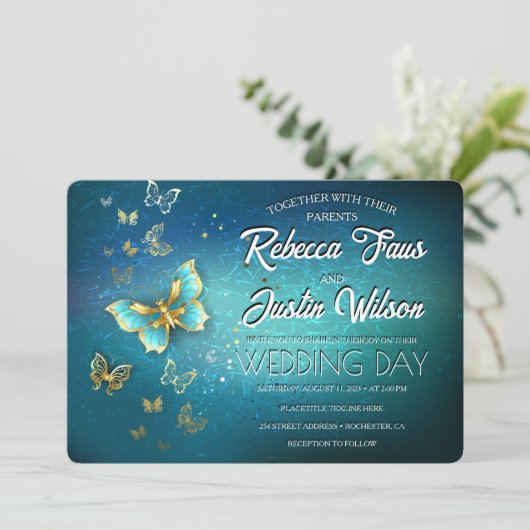 Invitation Papillons dorés Moderne Boho (Debout devant)