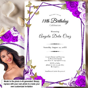 Invitation Papillons dorés Roses violettes 18e Début Annivers
