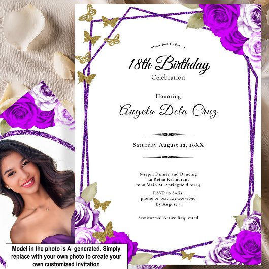 Invitation Papillons dorés Roses violettes 18e Début Annivers