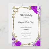 Invitation Papillons dorés Roses violettes 18e Début Annivers (Devant)