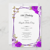 Invitation Papillons dorés Roses violettes 18e Début Annivers (Devant)