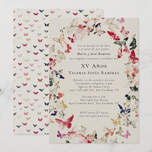 Invitation Papillons Elégant Quinceañera 15e anniversaire (Devant / Derrière)