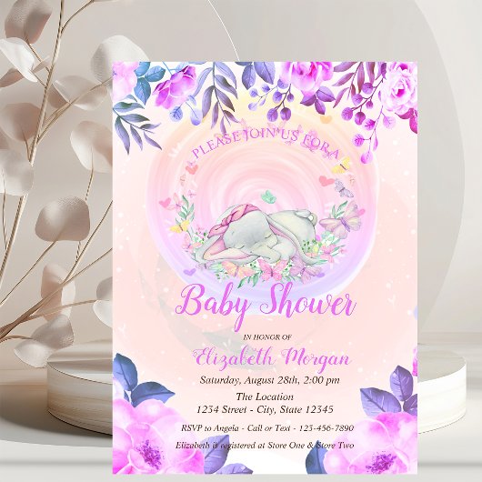 Invitation Papillons élégants de bébé éléphant floral