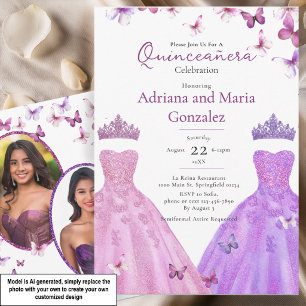Invitation Papillons Élégants Robe Twin Quinceanera