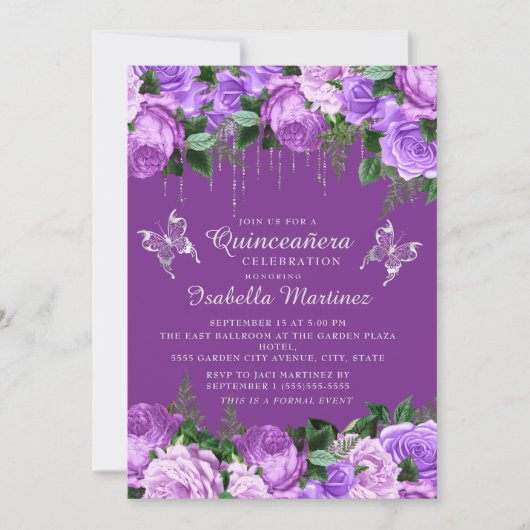 Invitation Papillons en argent gris mauve Quinceañera (Devant)