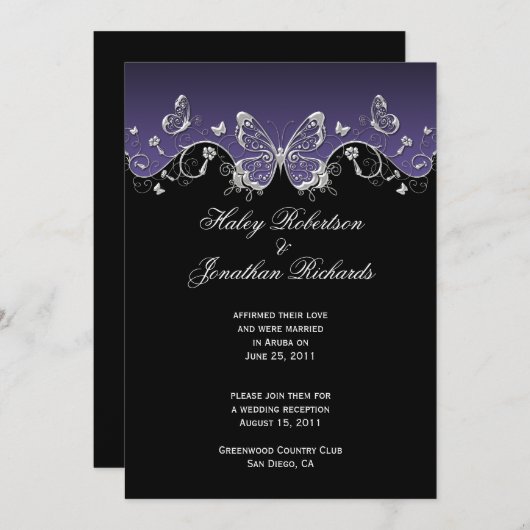 Invitation Papillons en argent noir violet Mariage (Devant / Derrière)