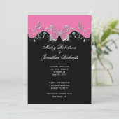 Invitation Papillons en argent rose noir Mariage (Debout devant)