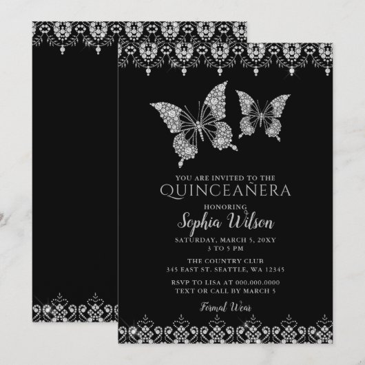 Invitation Papillons en dentelle de diamant noir Quinceañera (Devant / Derrière)