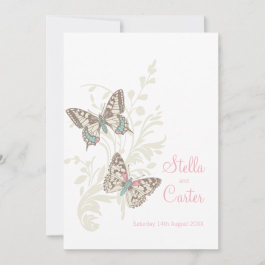 Invitation Papillons encre art rose crème blanche mariage (Devant)