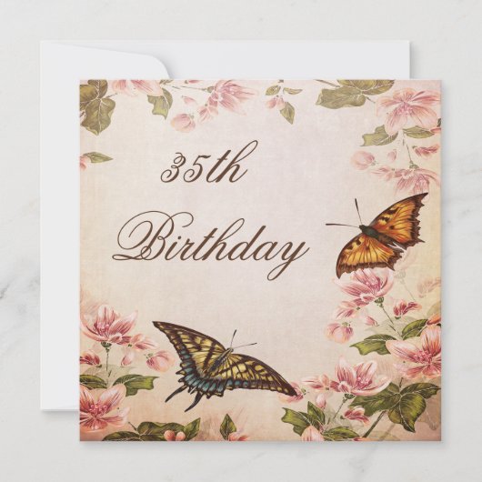 Invitation Papillons et anniversaire de fleur vintage (Devant)
