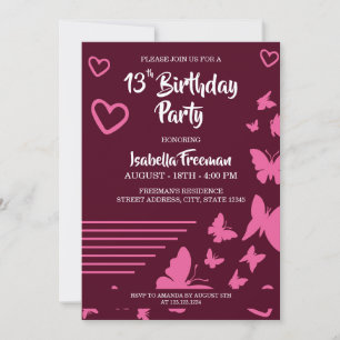 Invitation Papillons et Coeurs Fille rose 13e anniversaire