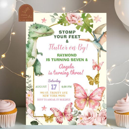 Invitation Papillons et Dinosaures Anniversaire frère