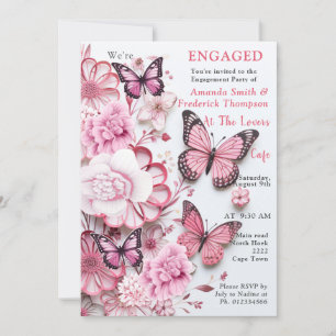 Invitation Papillons et Fleurs dans des tons roses variés