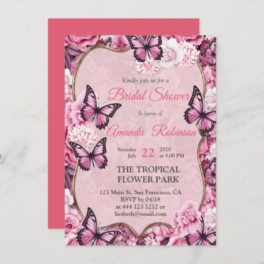 Invitation Papillons et Fleurs dans des tons roses variés (Devant / Derrière)
