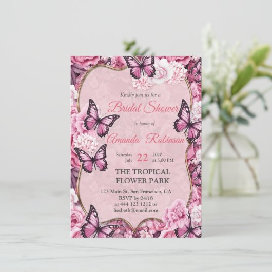 Invitation Papillons et Fleurs dans des tons roses variés (Debout devant)