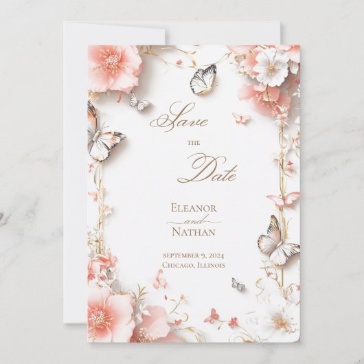 Invitation Papillons et fleurs Enregistrez la date (Devant)